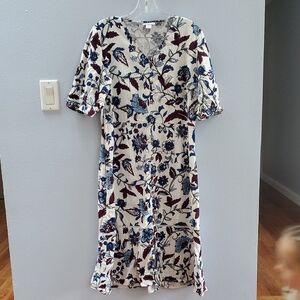 Liz Claiborne Blue and Burgundy Floral Linen Midi Dress
